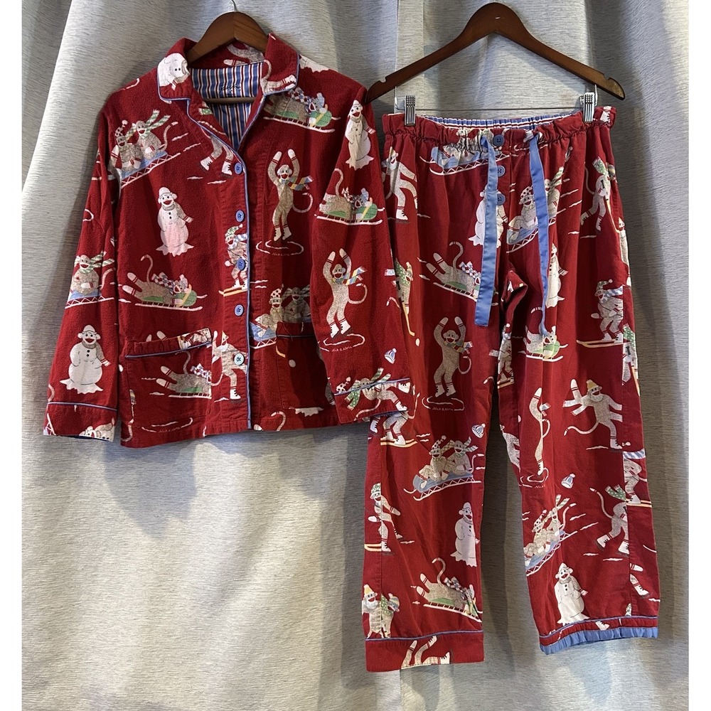 Nick & Nora XXL Red Flannel Pajamas Set Sock Monkey Sledding Ski Winter Core